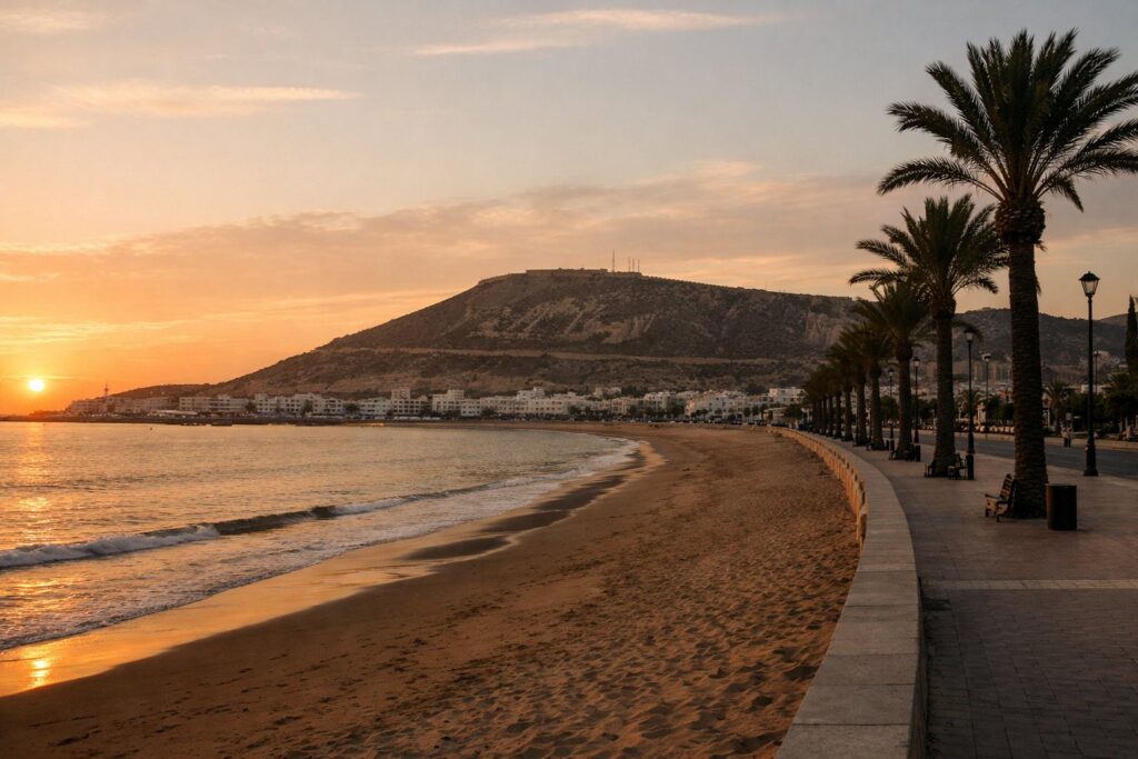 Baía de areia larga com passeio, colina da kasbah e palmeiras ao pôr do sol