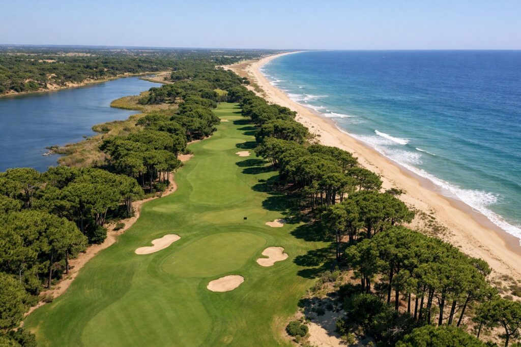 Pinhal e campo de golfe junto ao mar na Quinta do Lago