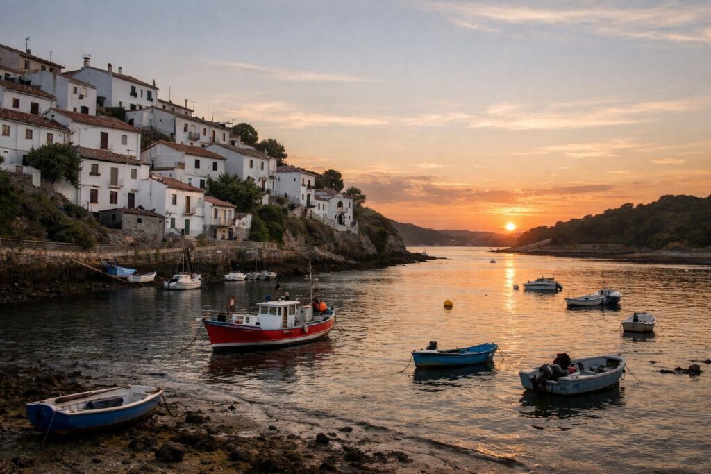 Aldeia piscatória caiada sobre um estuário com pequenos barcos ao pôr do sol