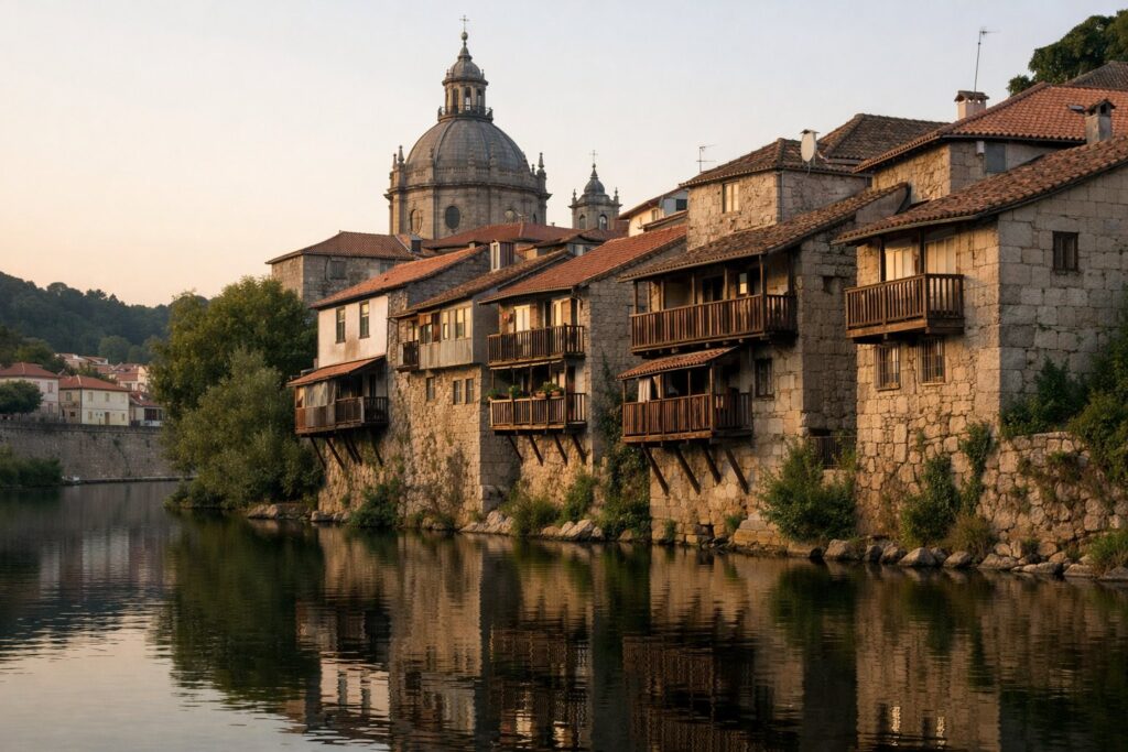 Ponte antiga de pedra e igreja junto a um rio calmo de margens verdes