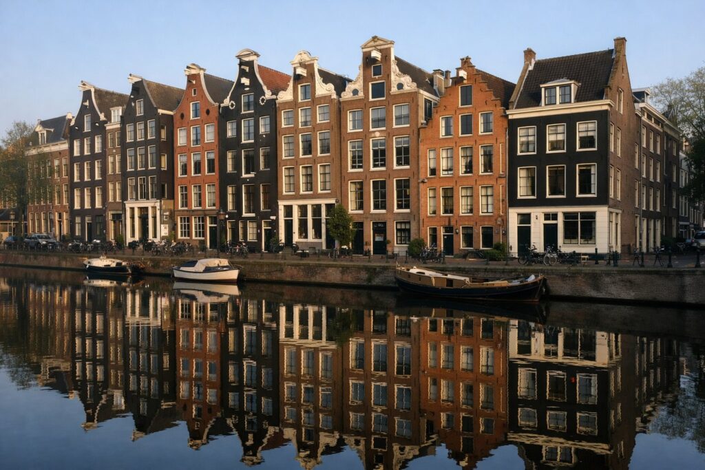 Fila de casas altas junto a um canal, com vigas de içar, refletidas na água parada, manhã