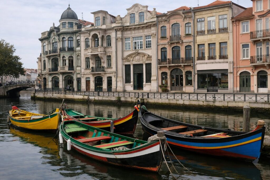 Barcos de madeira pintados num canal calmo com fachadas arte nova