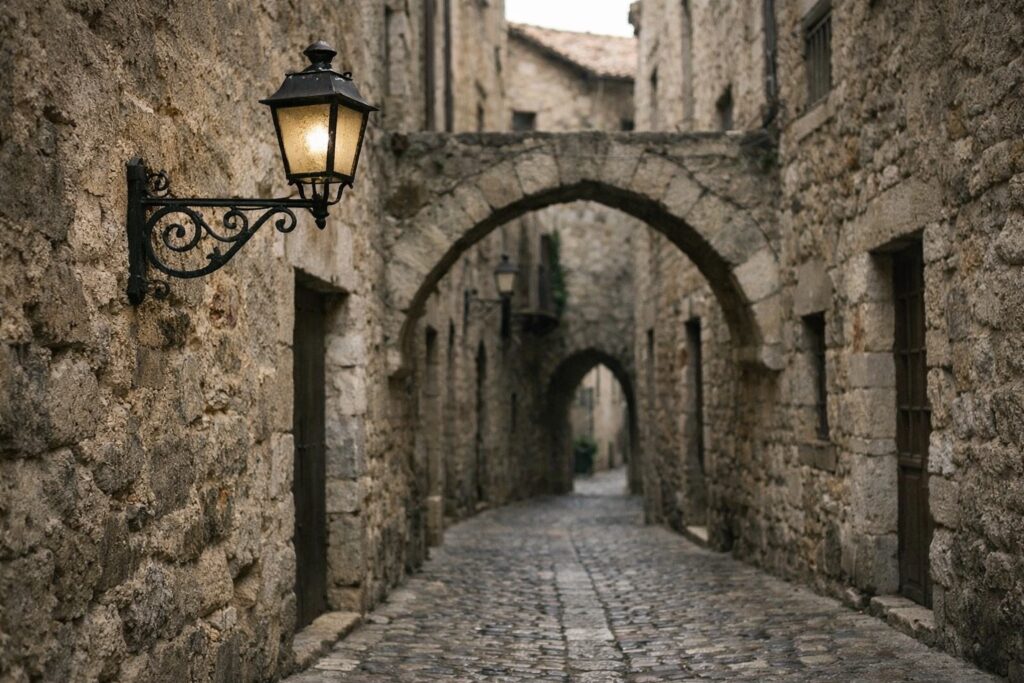 Rua medieval estreita com candeeiro de ferro forjado e arco de pedra