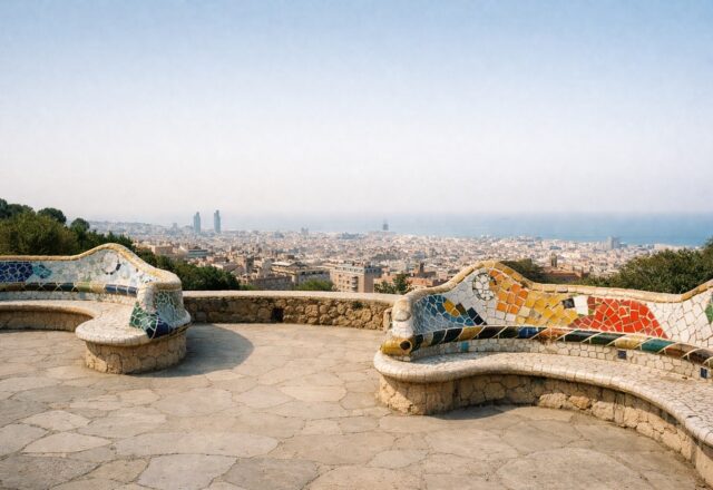 Terraço de parque com bancos curvos de mosaico de cerâmica e vista sobre a cidade e o mar