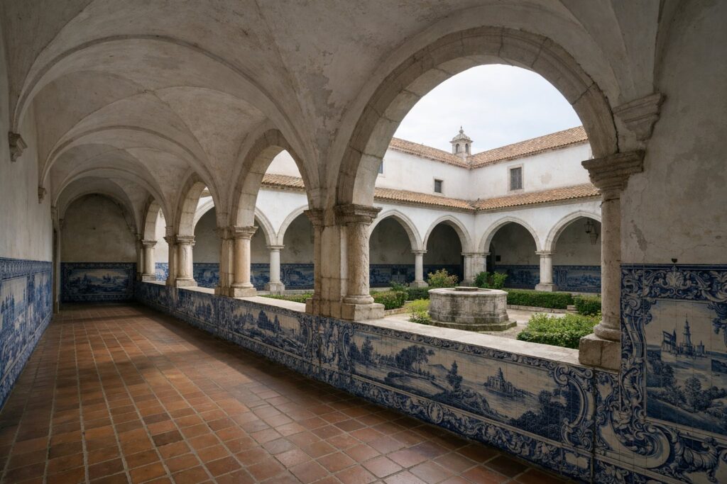 Claustro de azulejos azuis e brancos e arcos de pedra branca