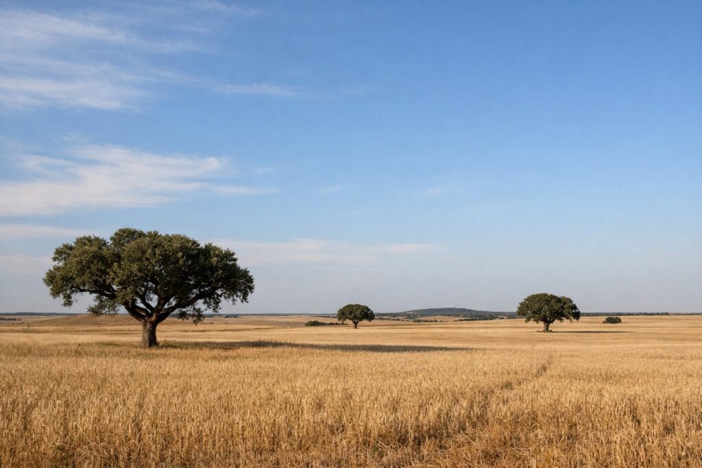 Planície de trigo dourado com sobreiros isolados sob céu azul