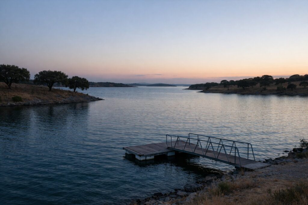 Água azul calma de um grande lago entre colinas de azinheiras, ao entardecer