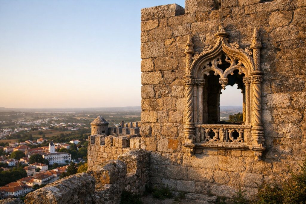 Castelo medieval de granito numa colina sobre olivais