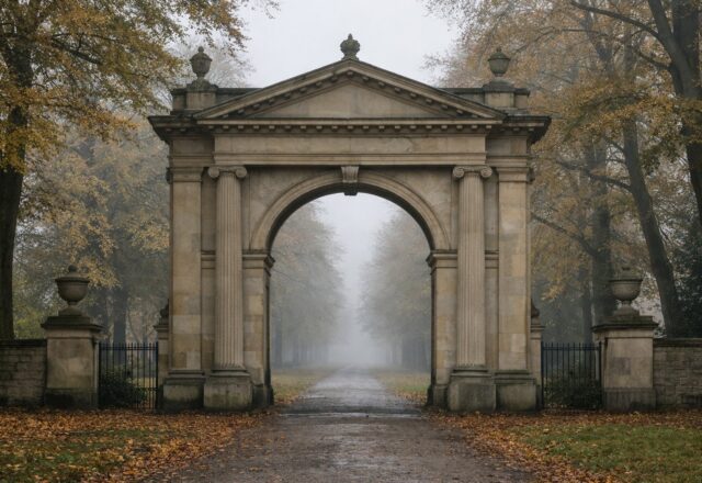 Porta neoclássica e avenida arborizada na neblina de outono