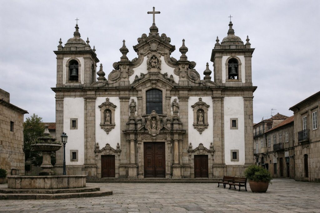 Fachada de igreja barroca com pormenores em granito numa praça tranquila, luz suave
