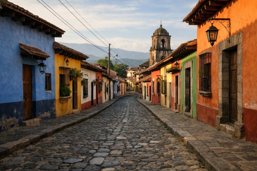 Rua colonial com fachadas coloridas e calçada de pedra, fim de tarde