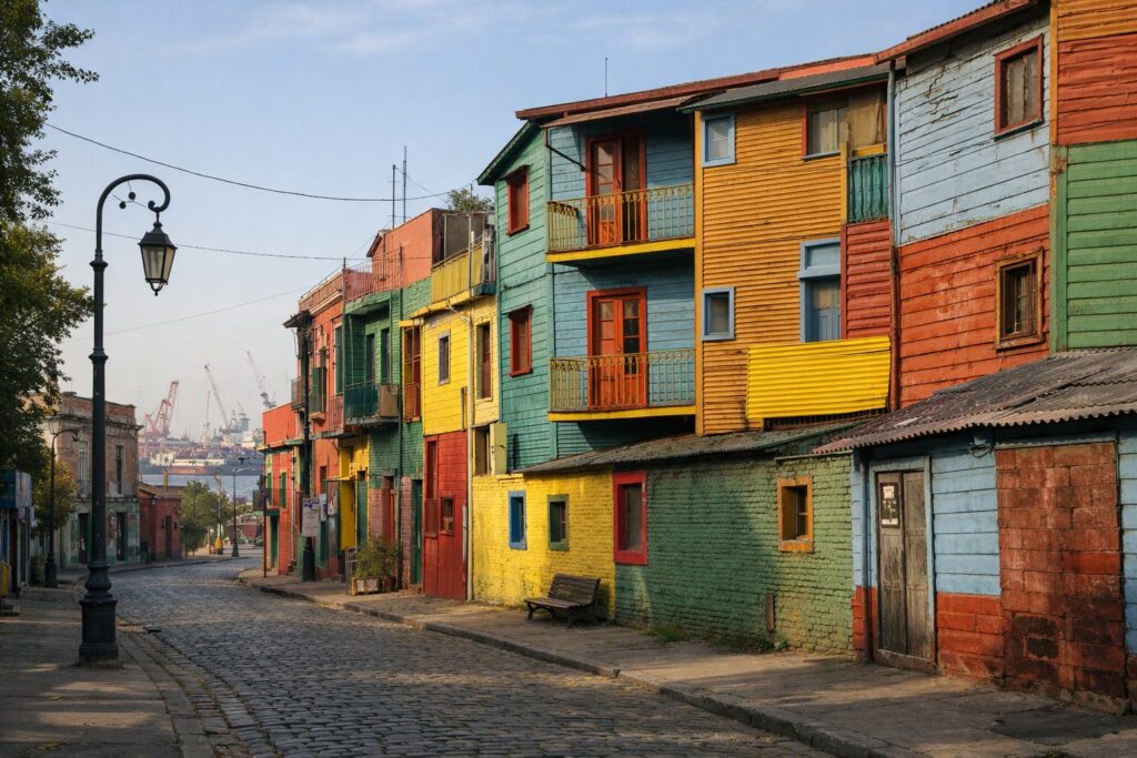 Casas de chapa pintadas em cores vivas num bairro portuário histórico, manhã