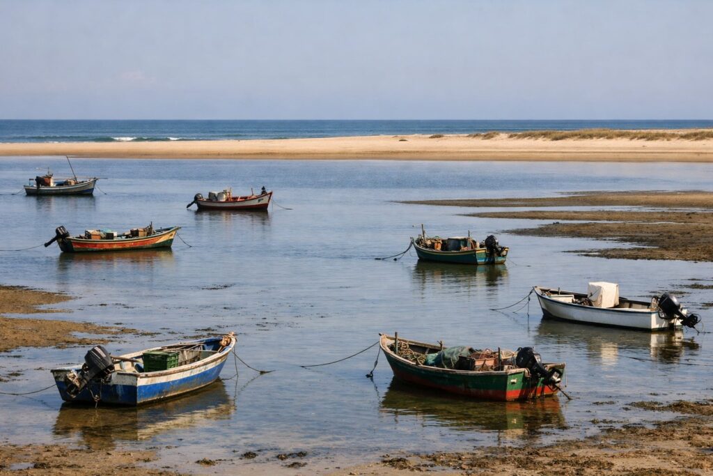 Barcos fundeados na Ria Formosa em Cabanas