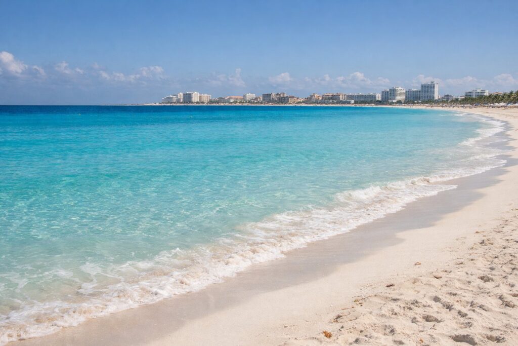 Praia turquesa das Caraíbas com areia branca e uma faixa de hotéis ao longe