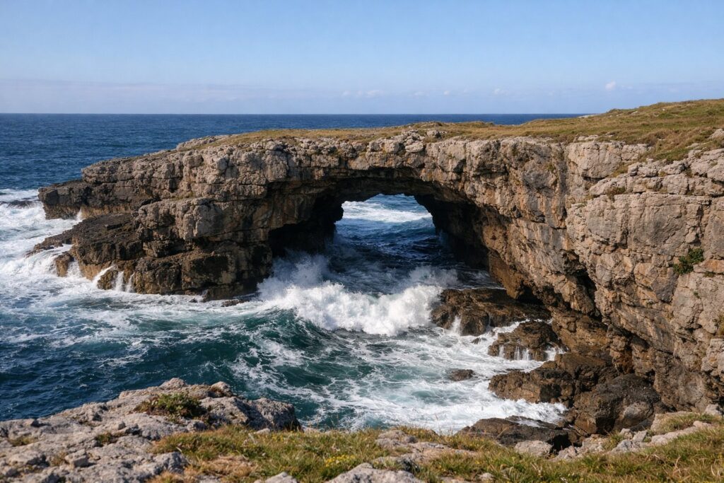 Falésias costeiras com uma abertura natural na rocha e ondulação do Atlântico, tarde limpa