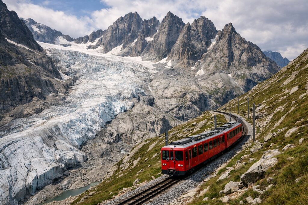 Comboio de montanha vermelho junto a um glaciar e picos de granito