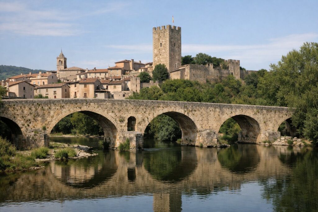 Ponte de arcos sobre o rio com casario e torre ao fundo