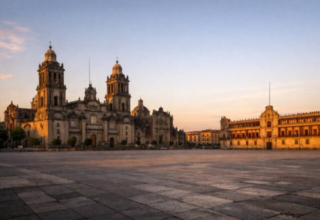 Grande praça central com catedral e palácio ao fim da tarde
