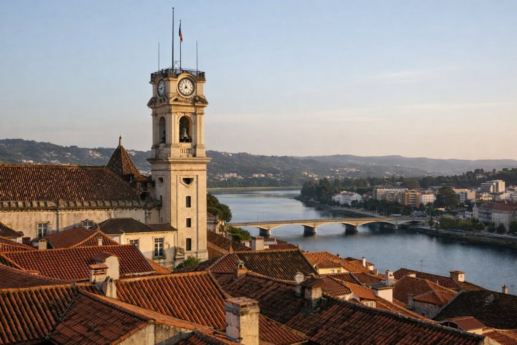 Torre da antiga universidade sobre telhados vermelhos e o rio Mondego, fim de tarde