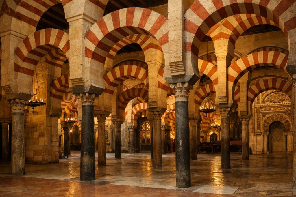 Interior de mesquita-catedral com arcos duplos vermelhos e brancos, luz quente