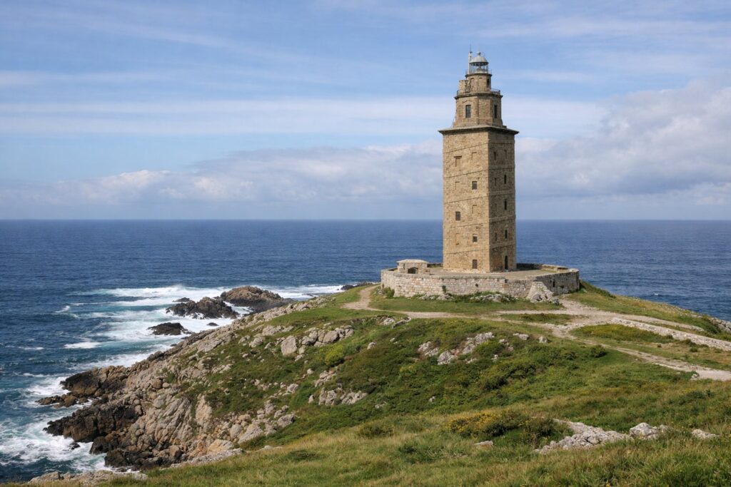 Torre de Hércules sobre a costa rochosa