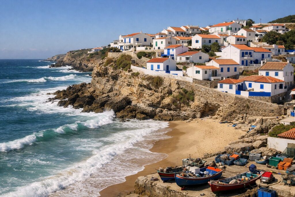 Vila piscatória com casas brancas e azuis em falésias sobre uma praia de surf, dia de sol