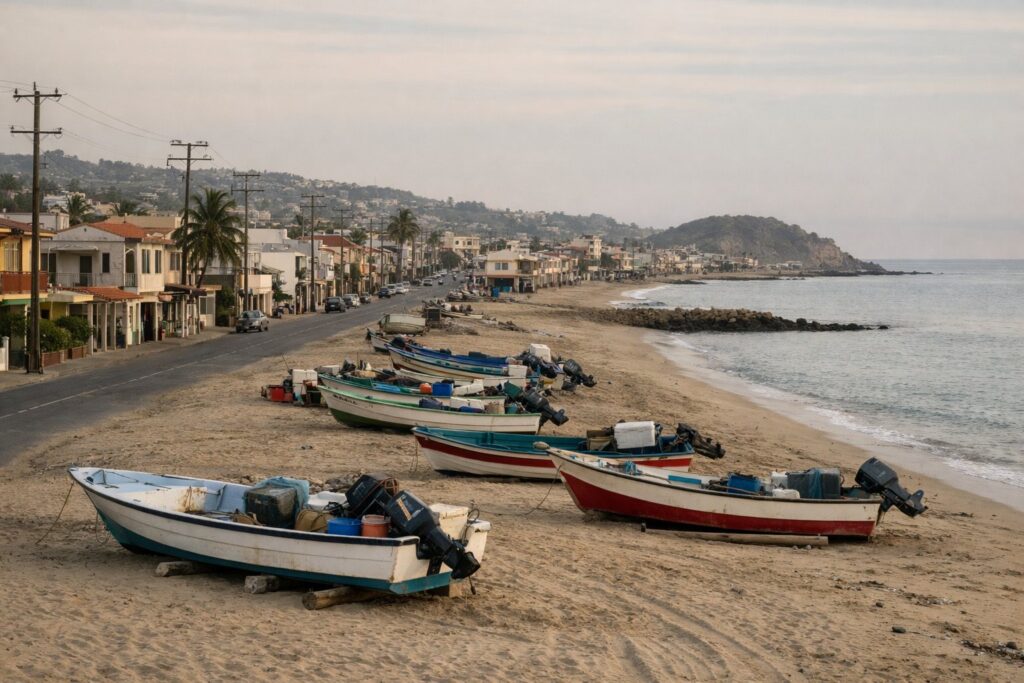 Cidade costeira com ruas em quadrícula, praia e barcos de pesca puxados para a areia, luz suave