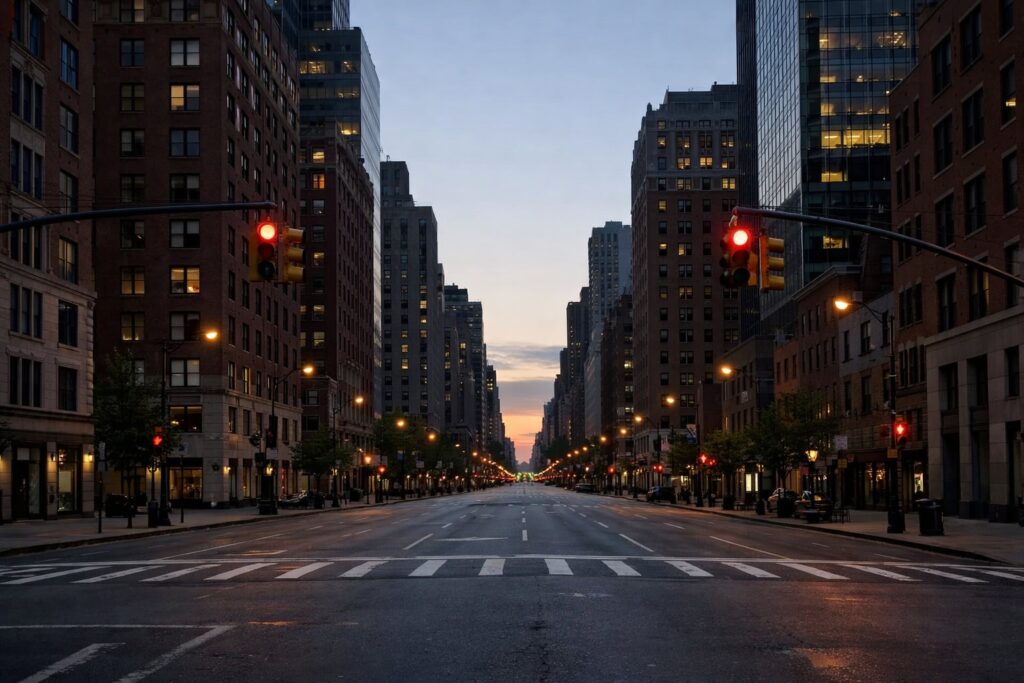 Avenida larga de cidade com edifícios altos de tijolo e vidro e semáforos ao entardecer, rua vazia