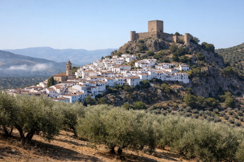 Vila de mármore branco com torre de castelo sobre olivais, manhã