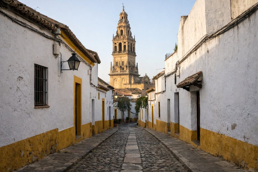 Rua caiada com barras amarelas e calçada a levar à torre de uma catedral, manhã