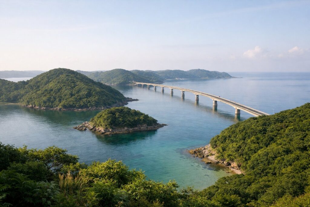Colinas verdes de uma ilha sobre uma lagoa calma e uma ponte longa, manhã