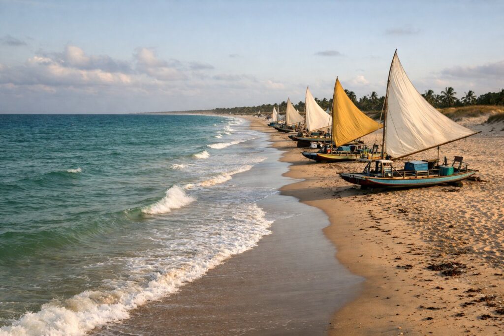 Praia longa com mar verde e jangadas à vela na areia, fim de tarde