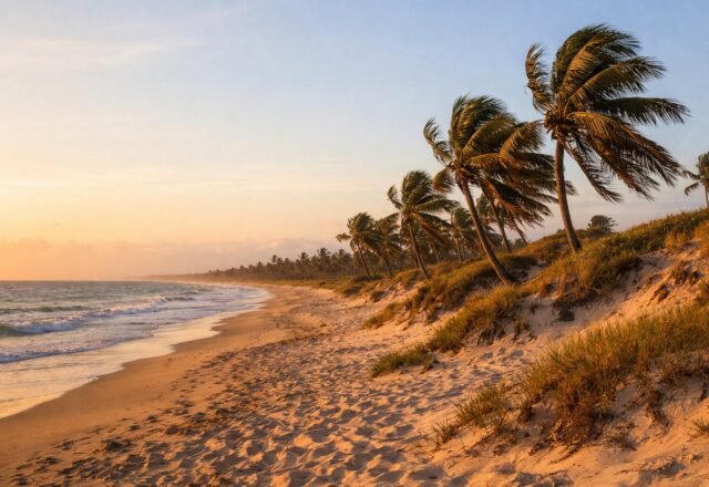 Longa praia tropical com dunas e palmeiras dobradas pelo vento, hora dourada