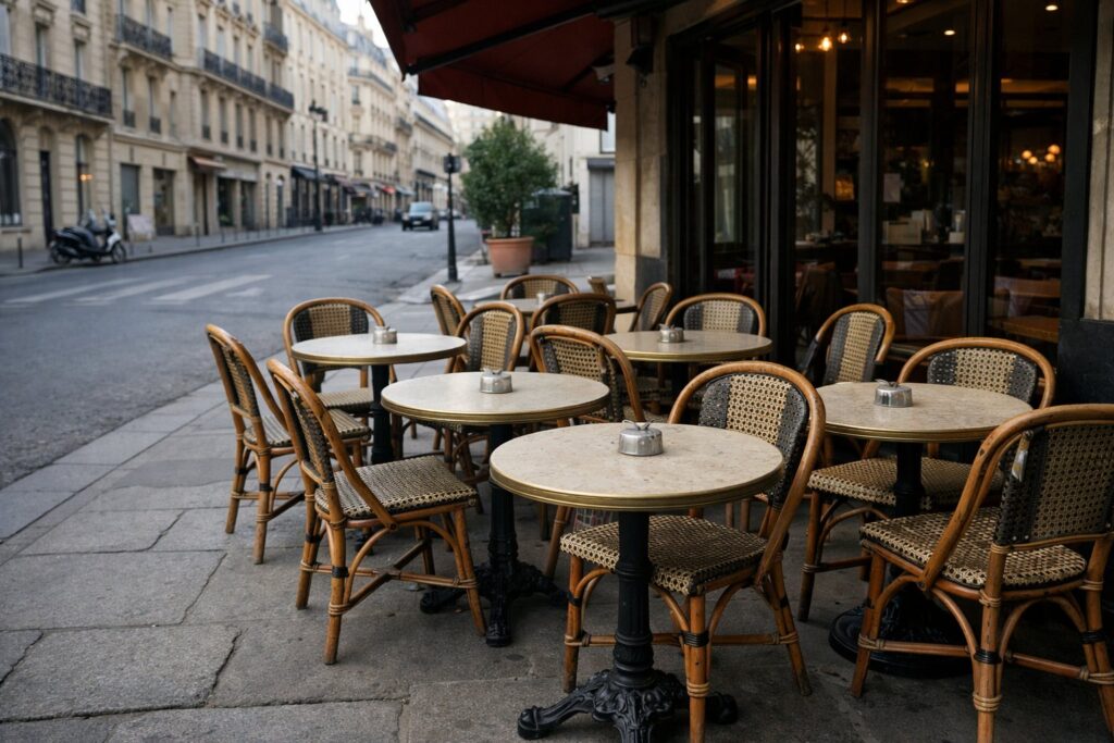Esplanada de café parisiense com cadeiras de vime numa rua tranquila de manhã, vazia