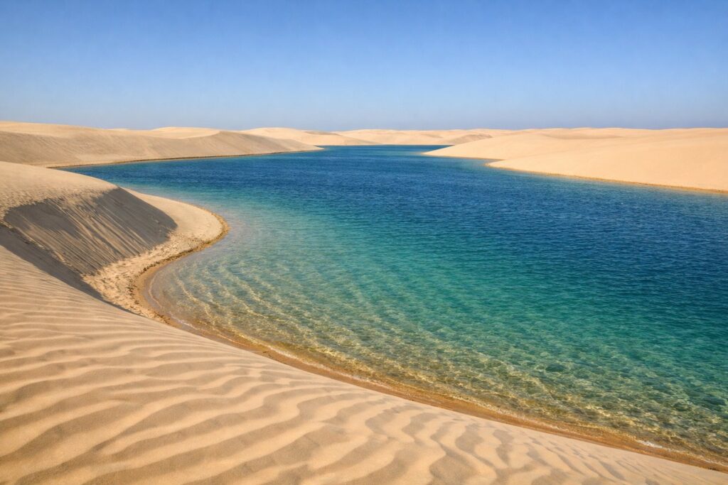 Grandes dunas de areia dourada junto a uma lagoa turquesa, ondulações do vento, céu limpo