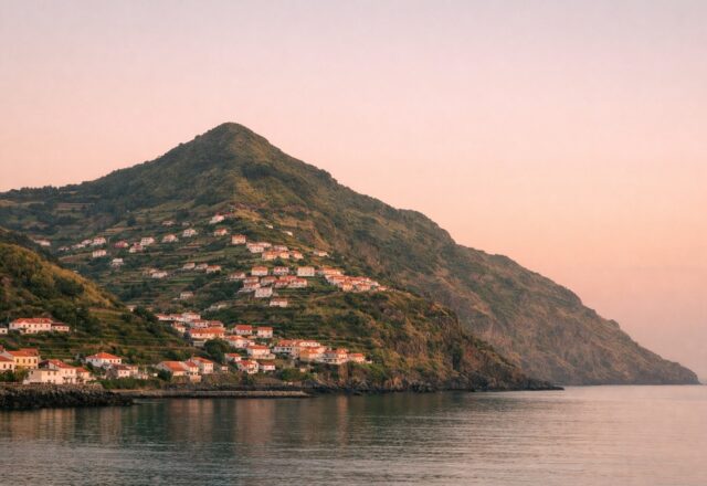 Encosta verde em socalcos sobre uma baía, com casas de telhado vermelho ao pôr do sol