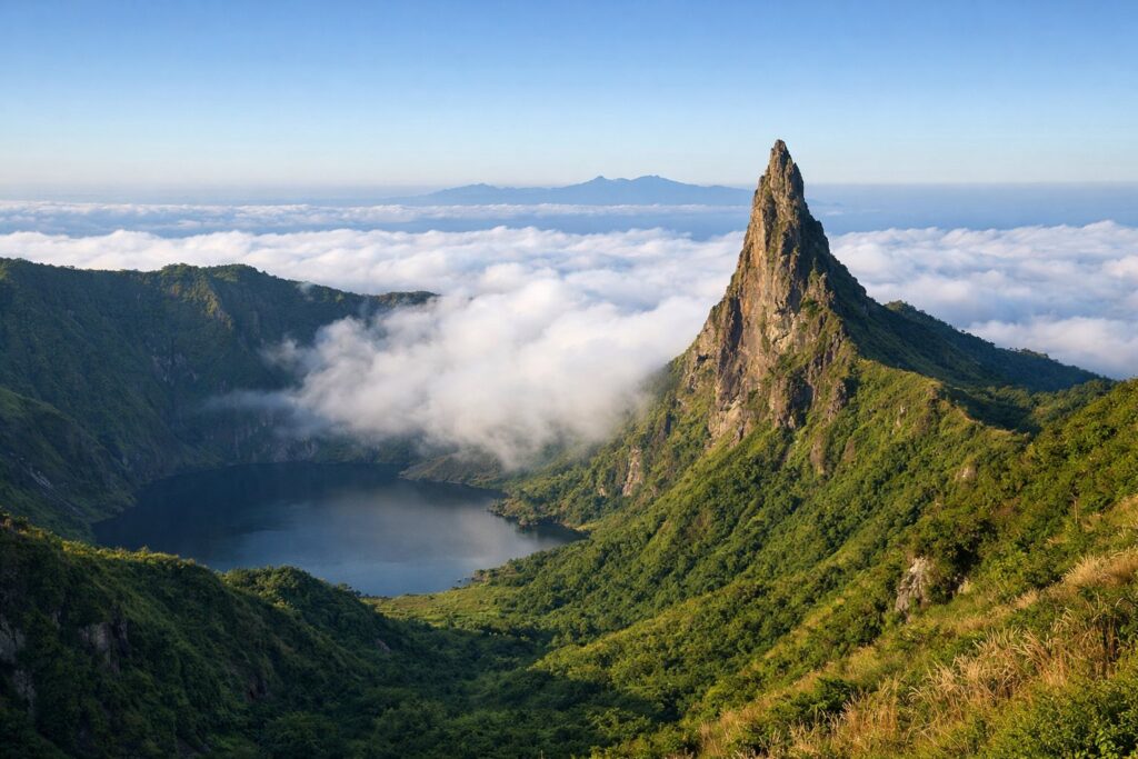 Caldeira vulcânica verde com um pináculo de rocha acima das nuvens, manhã limpa