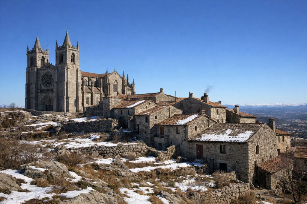 Catedral de granito e casas antigas num planalto sob céu azul de inverno