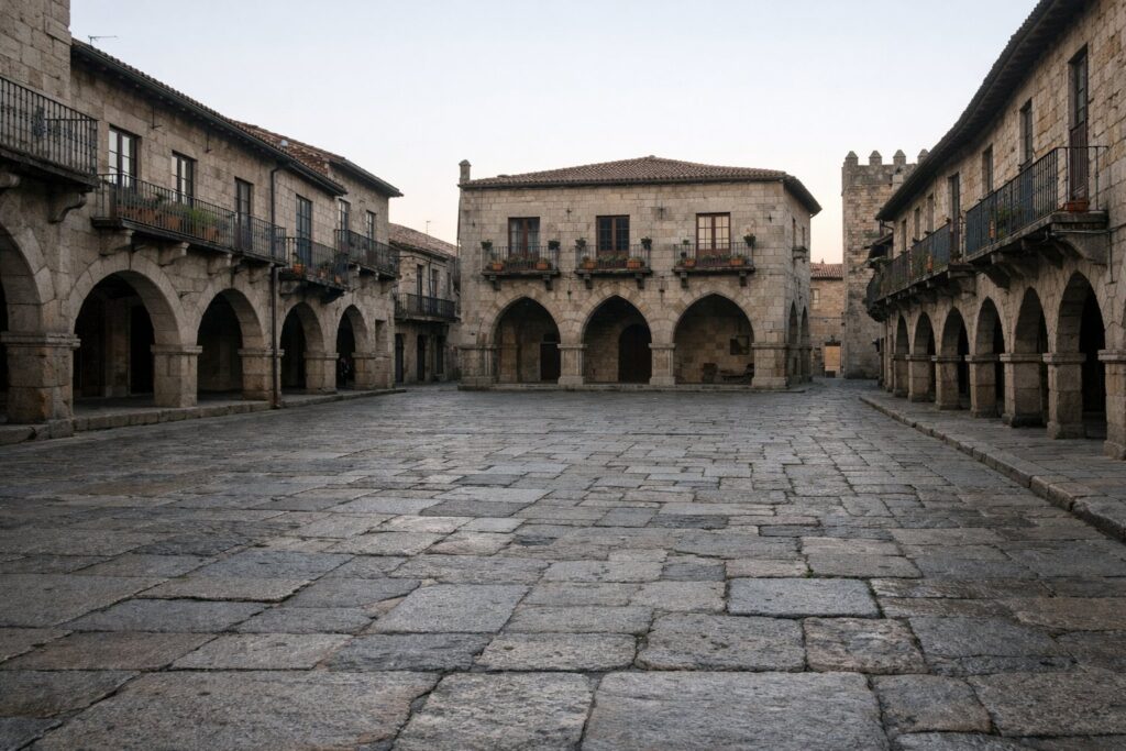 Praça medieval de granito com arcadas e varandas, início da manhã, vazia