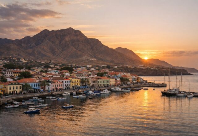 Cidade portuária colonial colorida sob montanhas vulcânicas áridas, baía ao pôr do sol