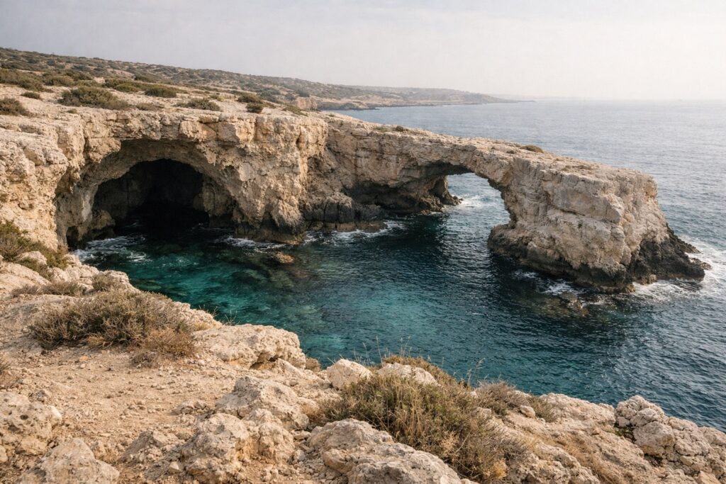 Gruta marinha e arco de calcário com água turquesa vistos do topo da falésia
