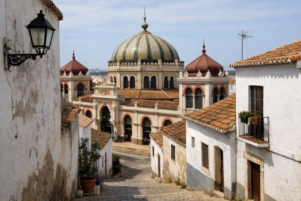 Mercado municipal neoárabe com cúpulas e ruas antigas com casas caiadas
