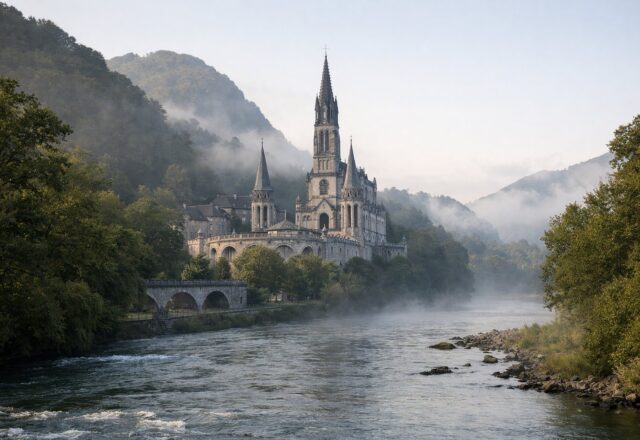 Basílica com torres sobre um rio num vale dos Pirenéus, início da manhã