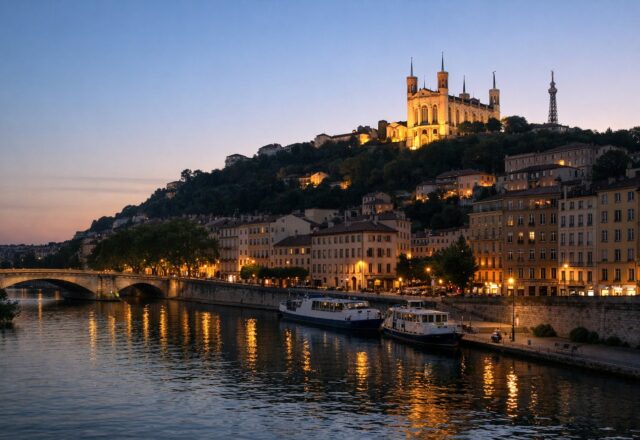 Cidade antiga com cais junto ao rio e uma basílica na colina ao entardecer