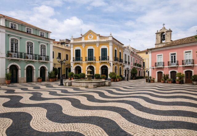 Praça de estilo português em tons pastel com calçada ondulada a preto e branco e fachadas coloniais