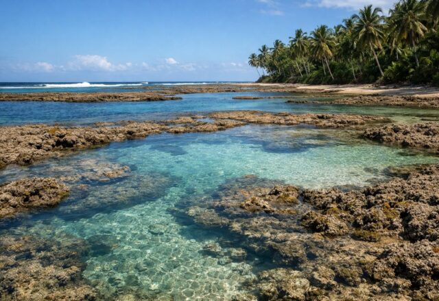Piscinas naturais de recife com água turquesa e coqueiros na maré baixa
