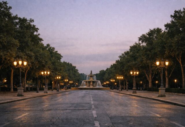 Avenida clássica ladeada de árvores com uma fonte de pedra ao fundo, ao anoitecer