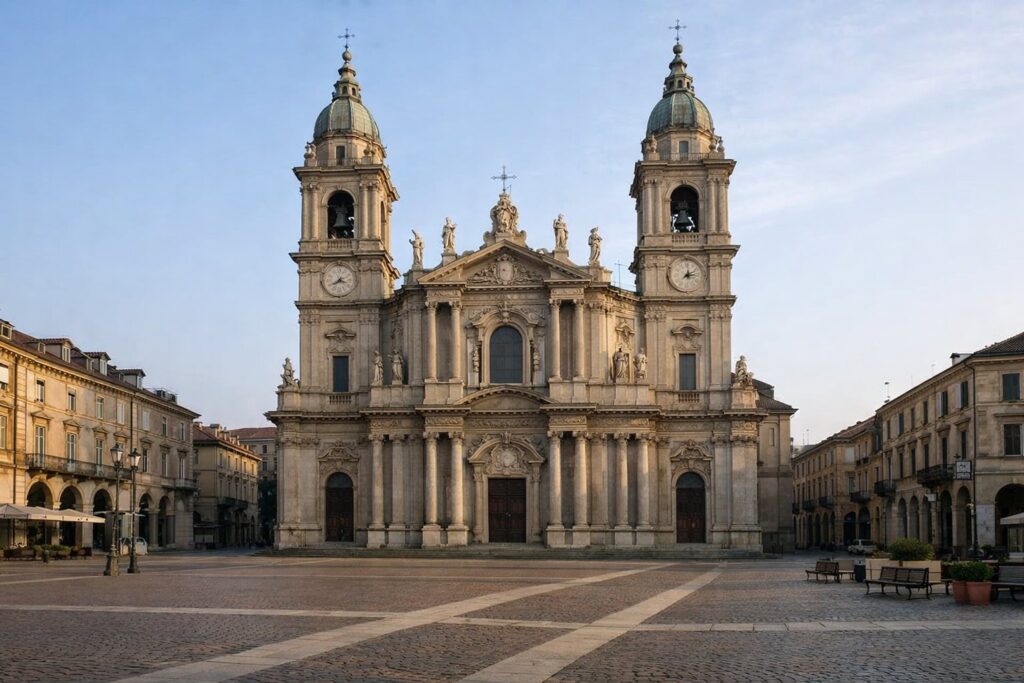 Fachada da basílica com torres sineiras numa praça tranquila