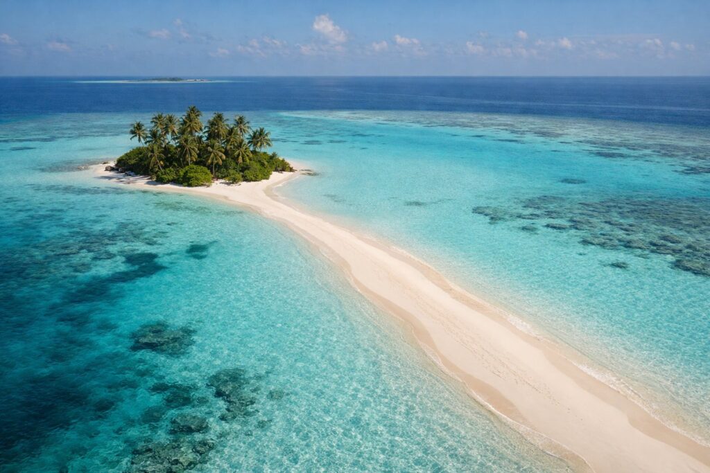 Pequena ilha com palmeiras e um longo banco de areia numa lagoa de atol turquesa, vista aérea
