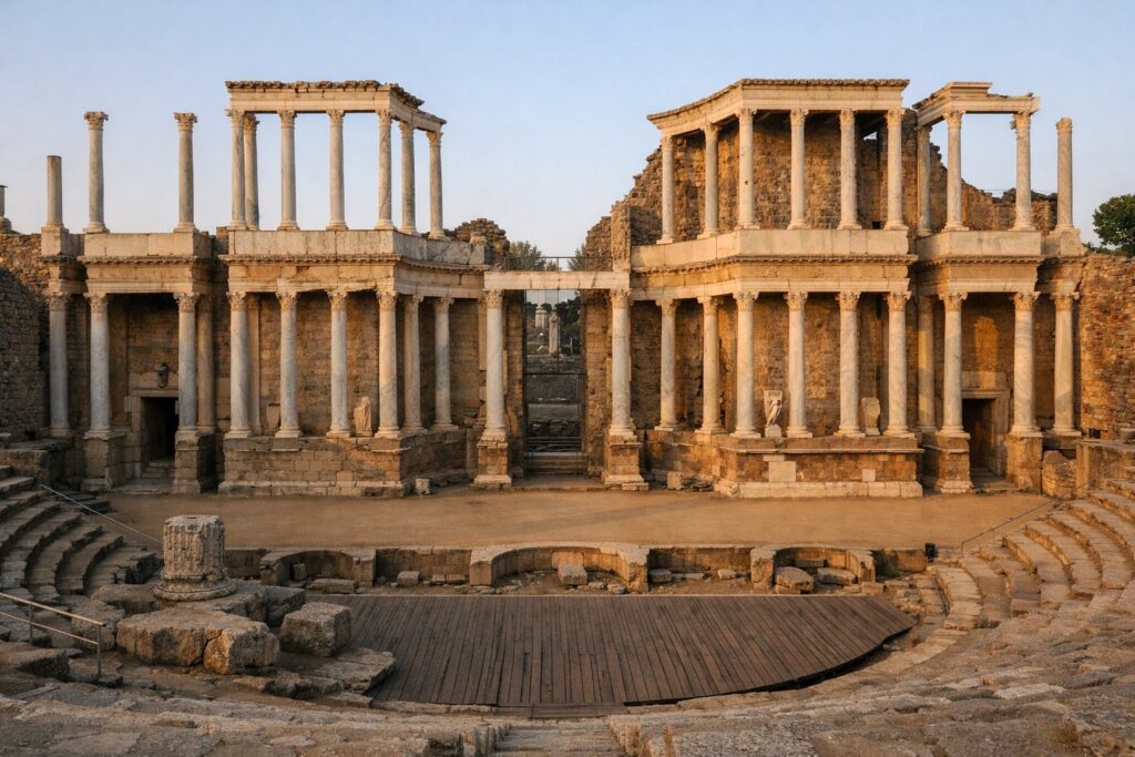 Colunata e bancadas do teatro romano de Mérida